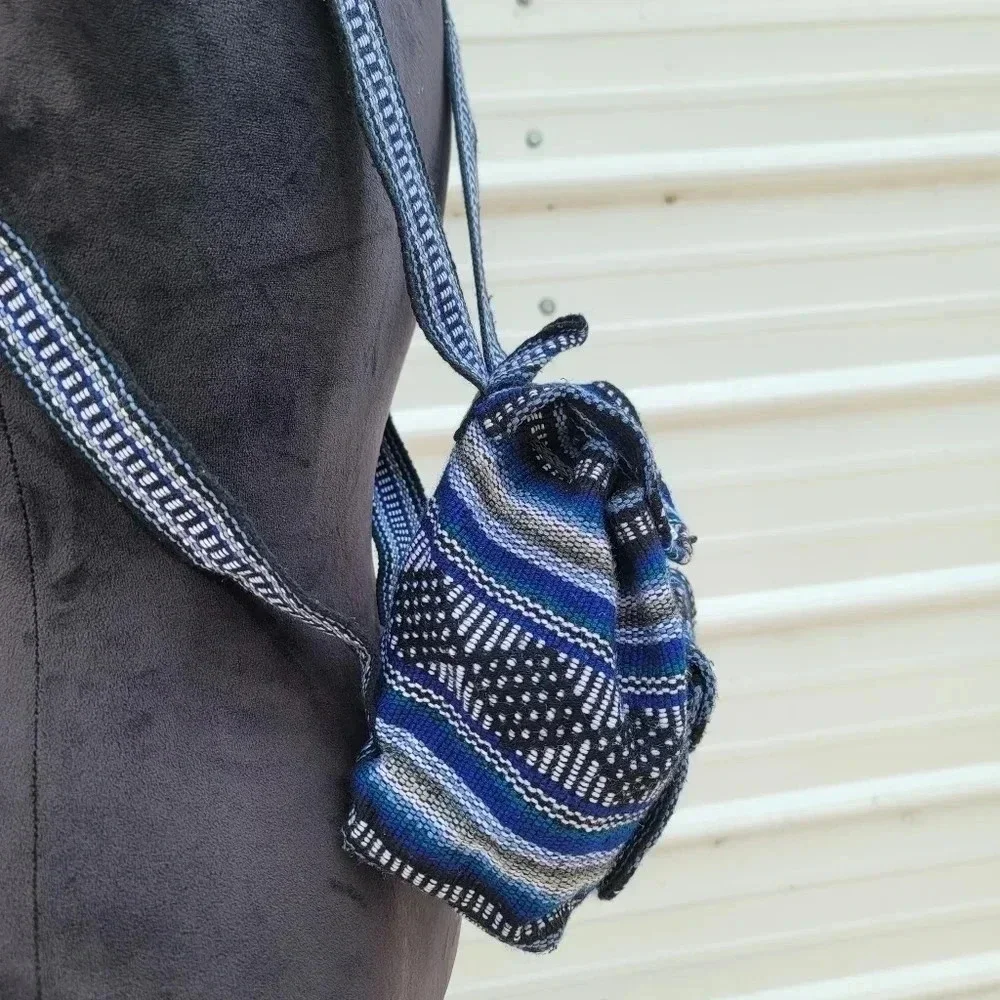 NWOT Pinzon Woven Mexico Backpack Artesanias Mr Pocket Drawstring Boho Bag Blue